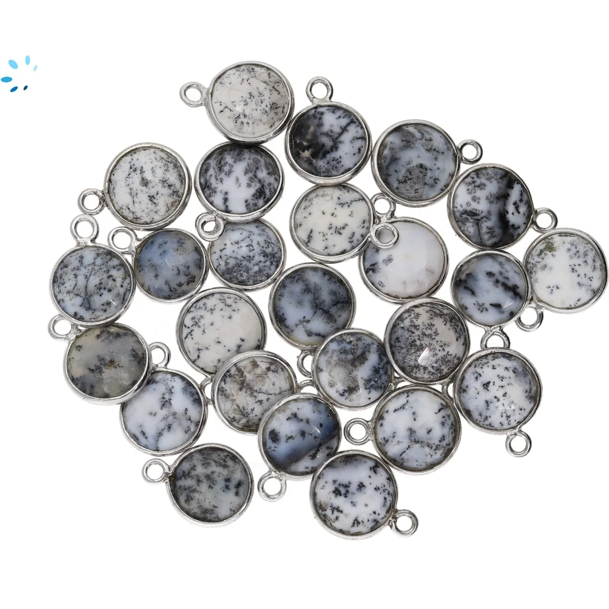 Dendrite Opal Coin Bezel Pendant Charm 9mm - Platinum Plated Sterling Silver - Set of 4