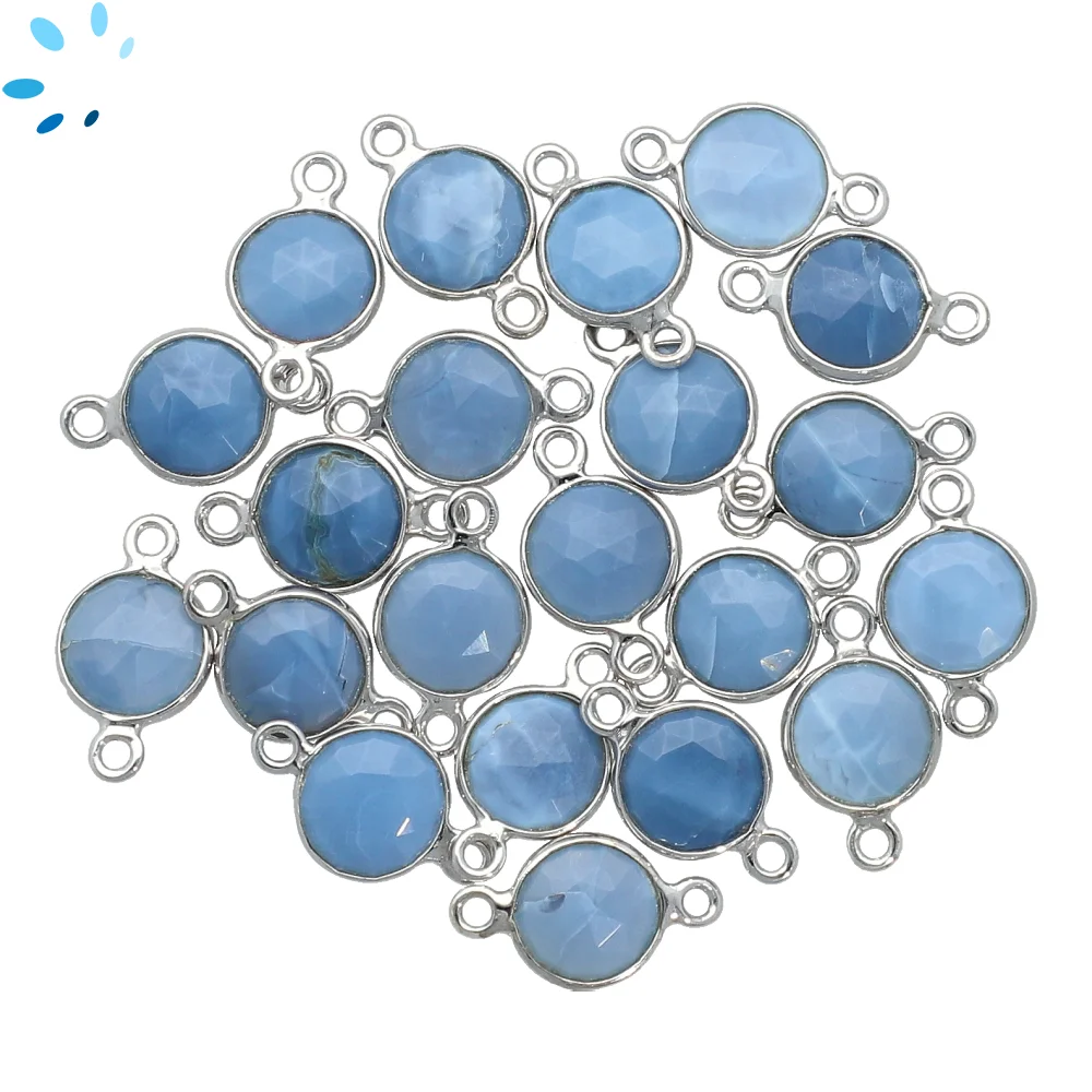 Blue Opal Coin Bezel Connector 9mm - Platinum Plated Sterling Silver - Set of 4