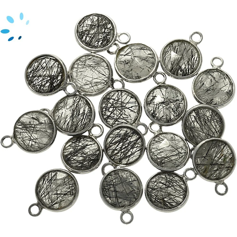 Tourmaline Quartz Coin Bezel Pendant Charm 9mm - Platinum Plated Sterling Silver - Set of 4