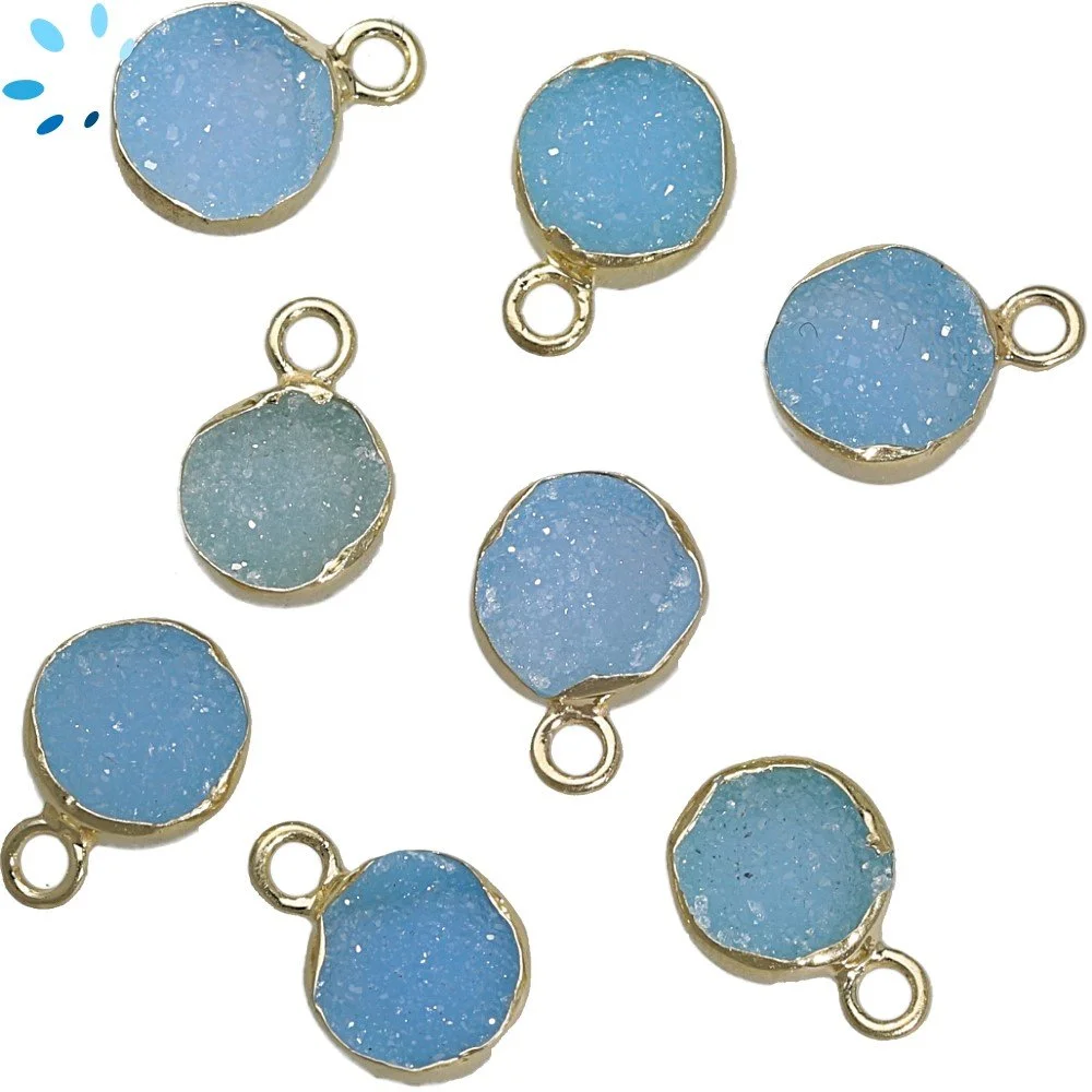Blue Druzy Coin Bezel Pendant Charm 9mm - 18k Gold Plated Sterling Silver - Set of 4