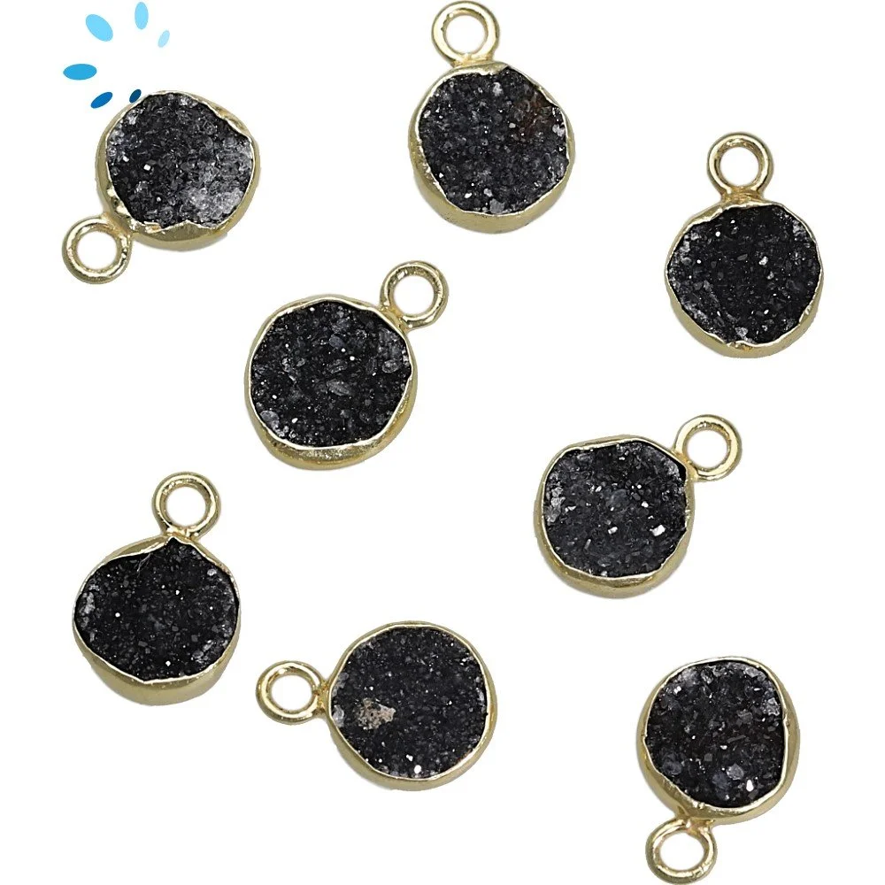 Black Druzy Coin Bezel Charm Pendant 9mm - 18k Gold Plated Sterling Silver - Set of 4