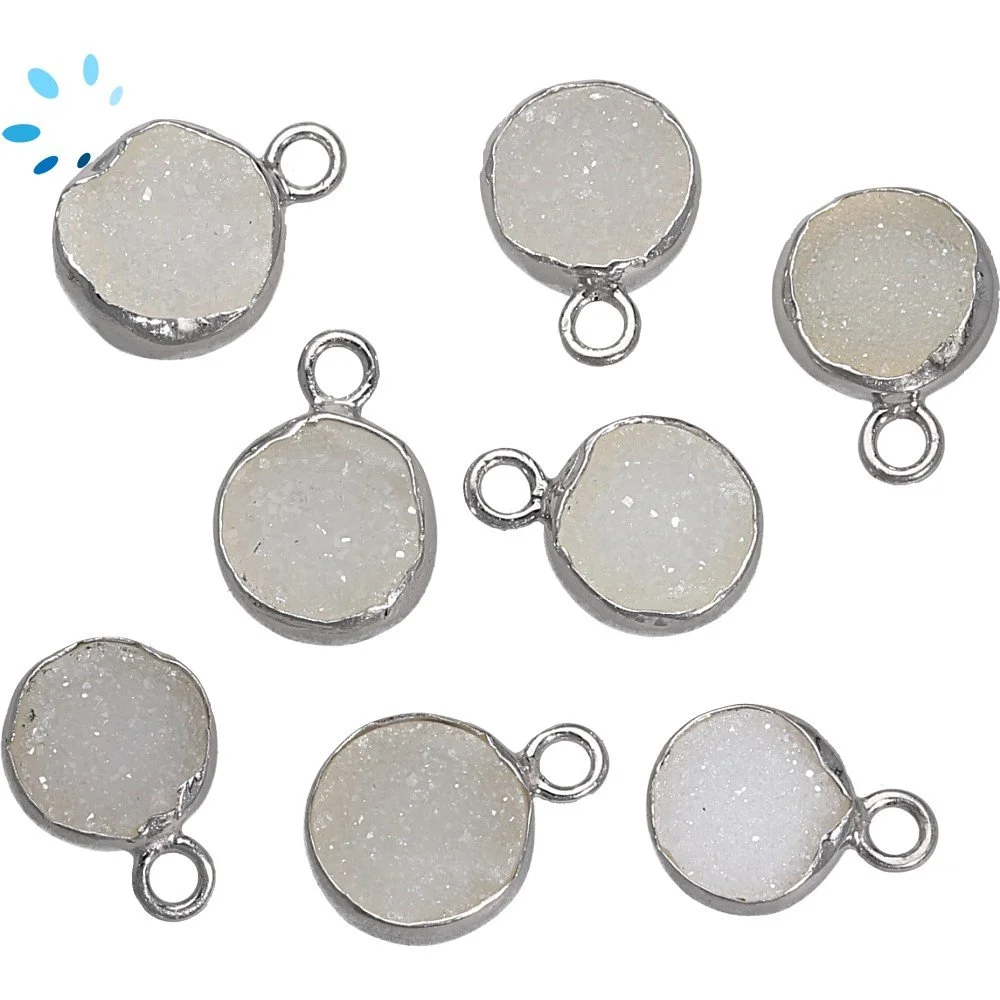 White Druzy Coin Bezel Charm Pendant 9mm - Platinum Plated Sterling Silver - Set of 4