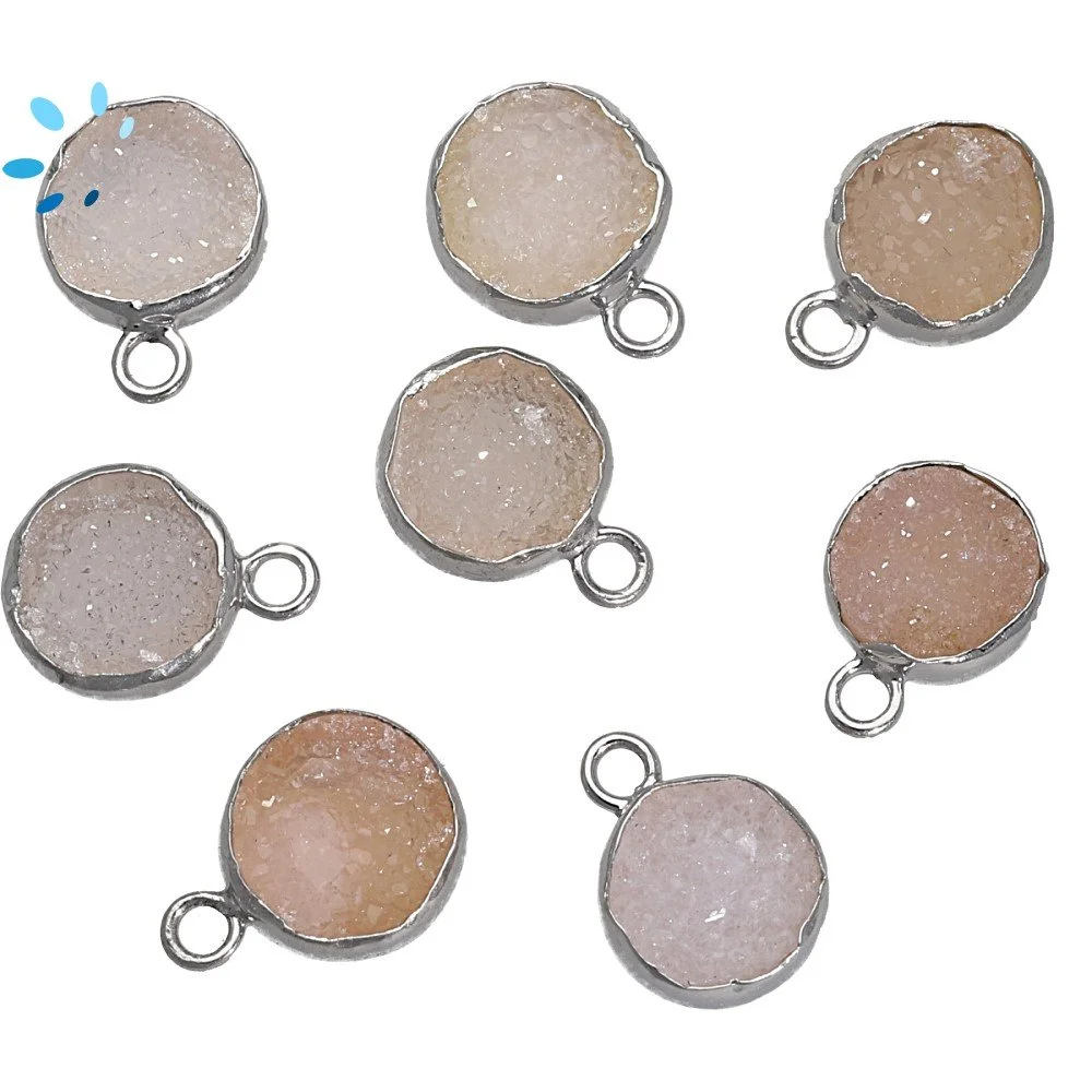 Pink Druzy Coin Bezel Pendant Charm 9mm - Platinum Plated Sterling Silver - Set of 4