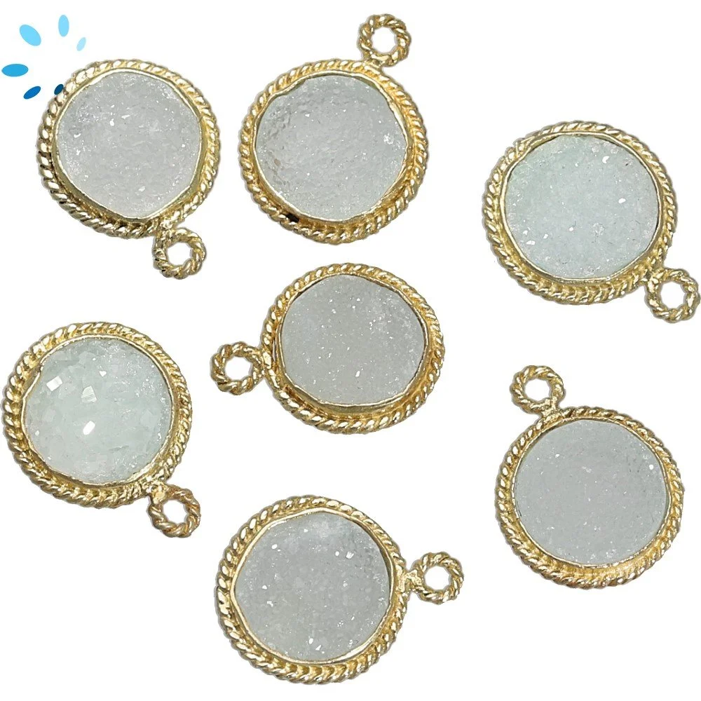 Aqua Druzy Coin Twisted Wire Bezel Pendant Charm 10mm - 18k Gold Plated Sterling Silver - Set of 4
