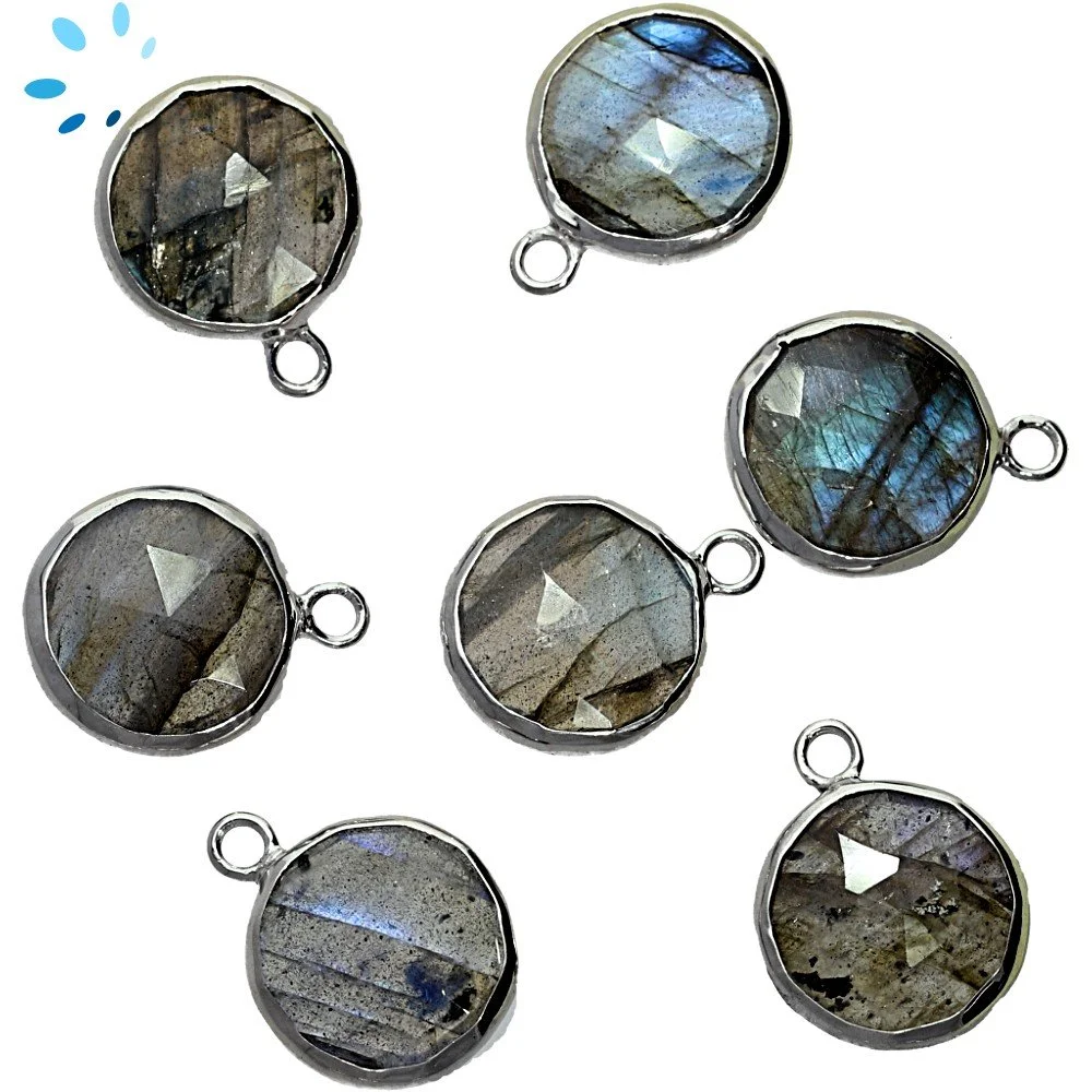 Labradorite Coin Bezel Pendant Charm 12mm - Platinum Plated Sterling Silver - Set of 4
