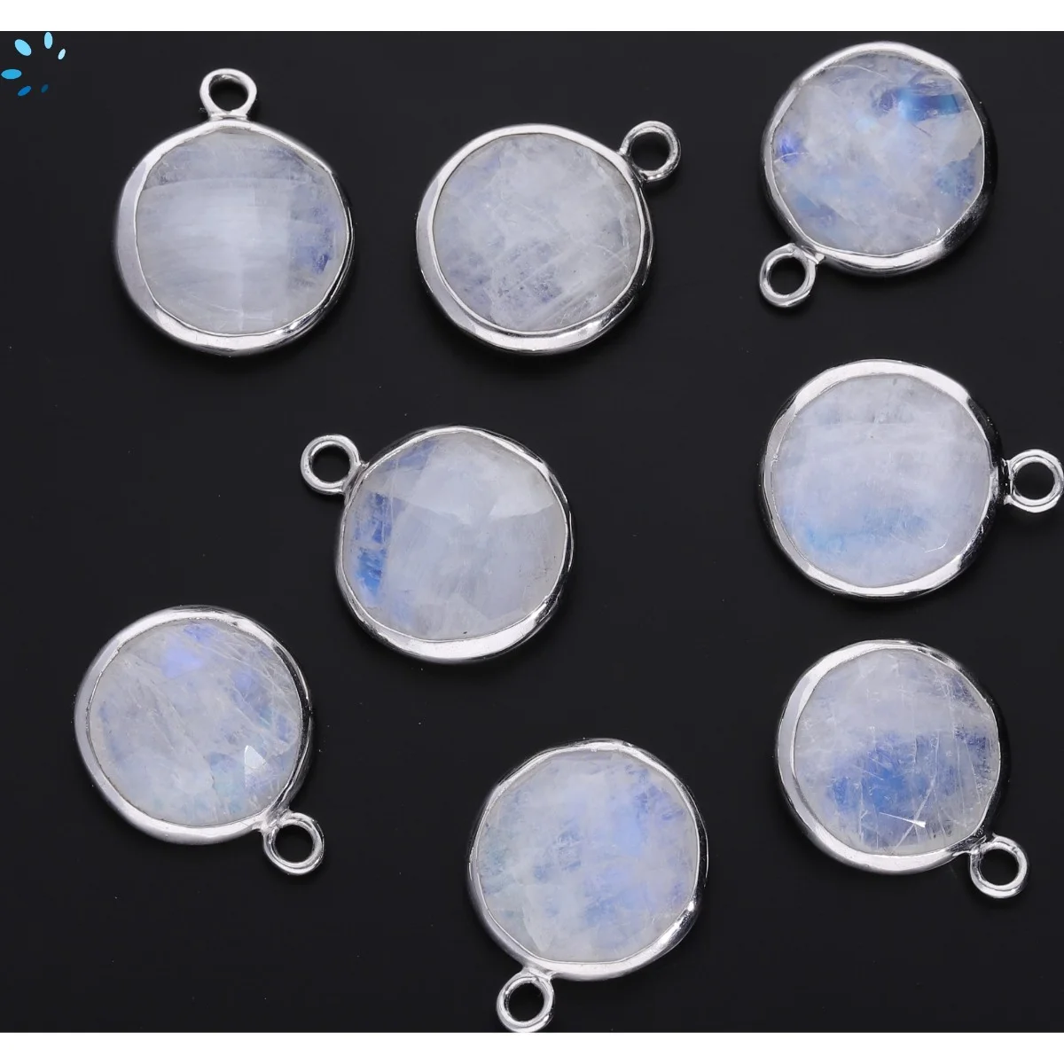 Rainbow Moonstone Coin Bezel Charm Pendant 12mm - Platinum Plated Sterling Silver - Set of 4