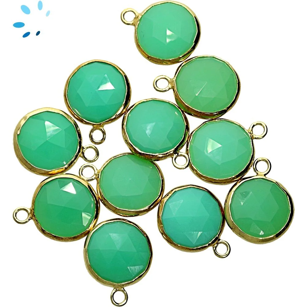 Chrysoprase Chalcedony Coin Bezel Charm Pendant 12mm - 18k Gold Plated Sterling Silver - Set of 4