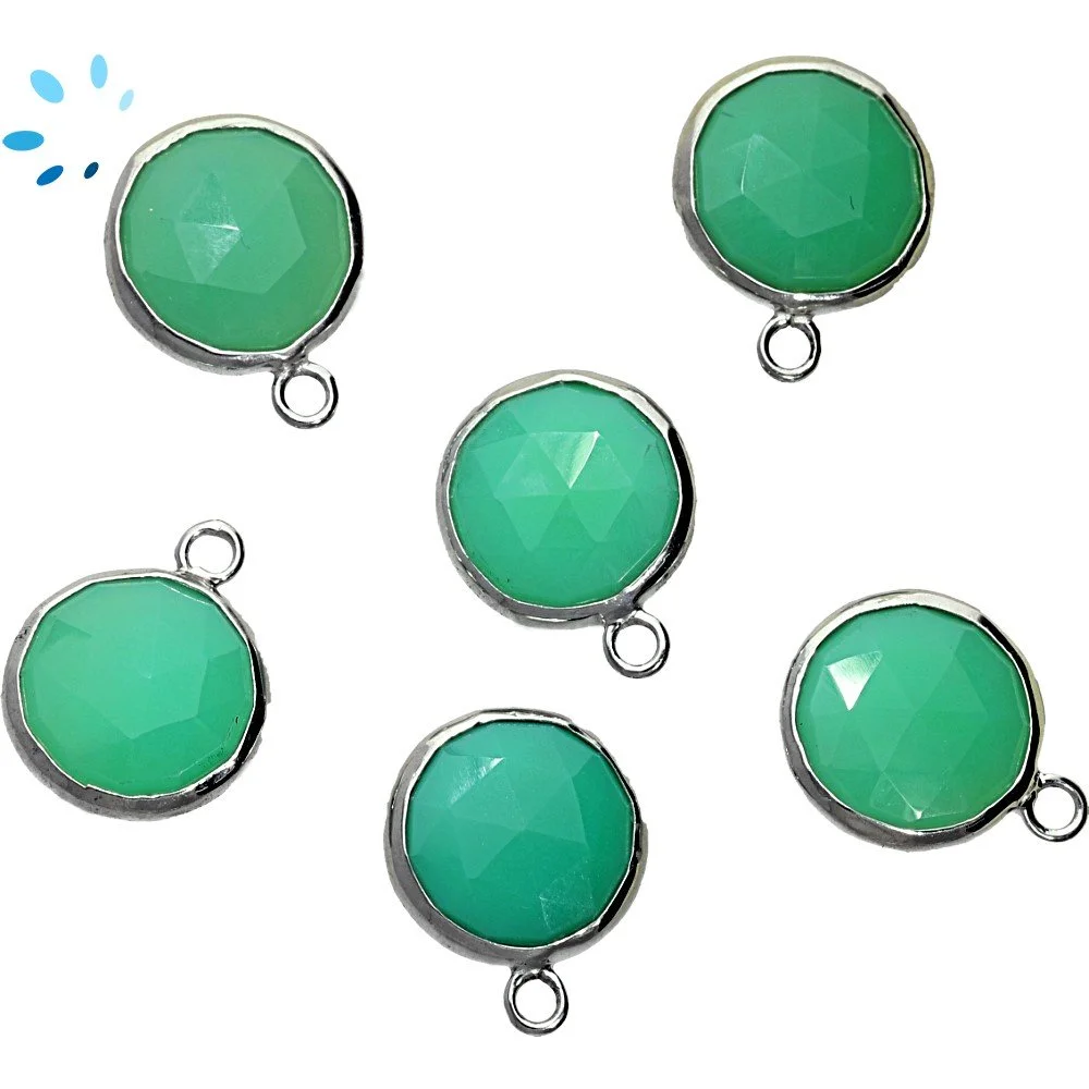 Chrysoprase Chalcedony Coin Bezel Pendant Charm 12mm - Silver Plated Sterling Silver - Set of 4