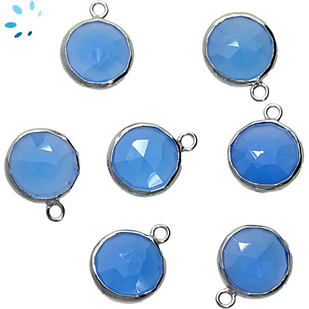 Blue Chalcedony Coin Bezel Charm Pendant 12mm - Platinum Plated Sterling Silver - Set of 4
