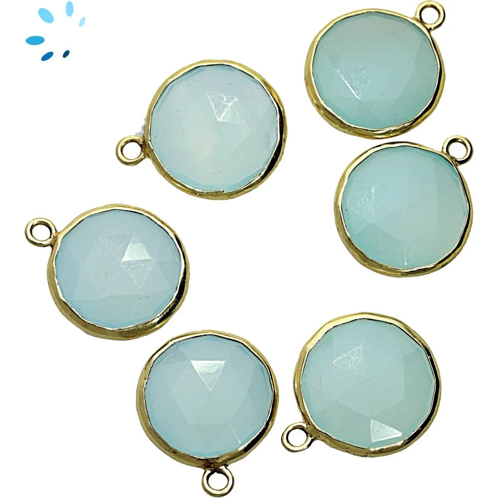 Aqua Chalcedony Coin Bezel Pendant Charm 12mm - 18k Gold Plated Sterling Silver - Set of 4