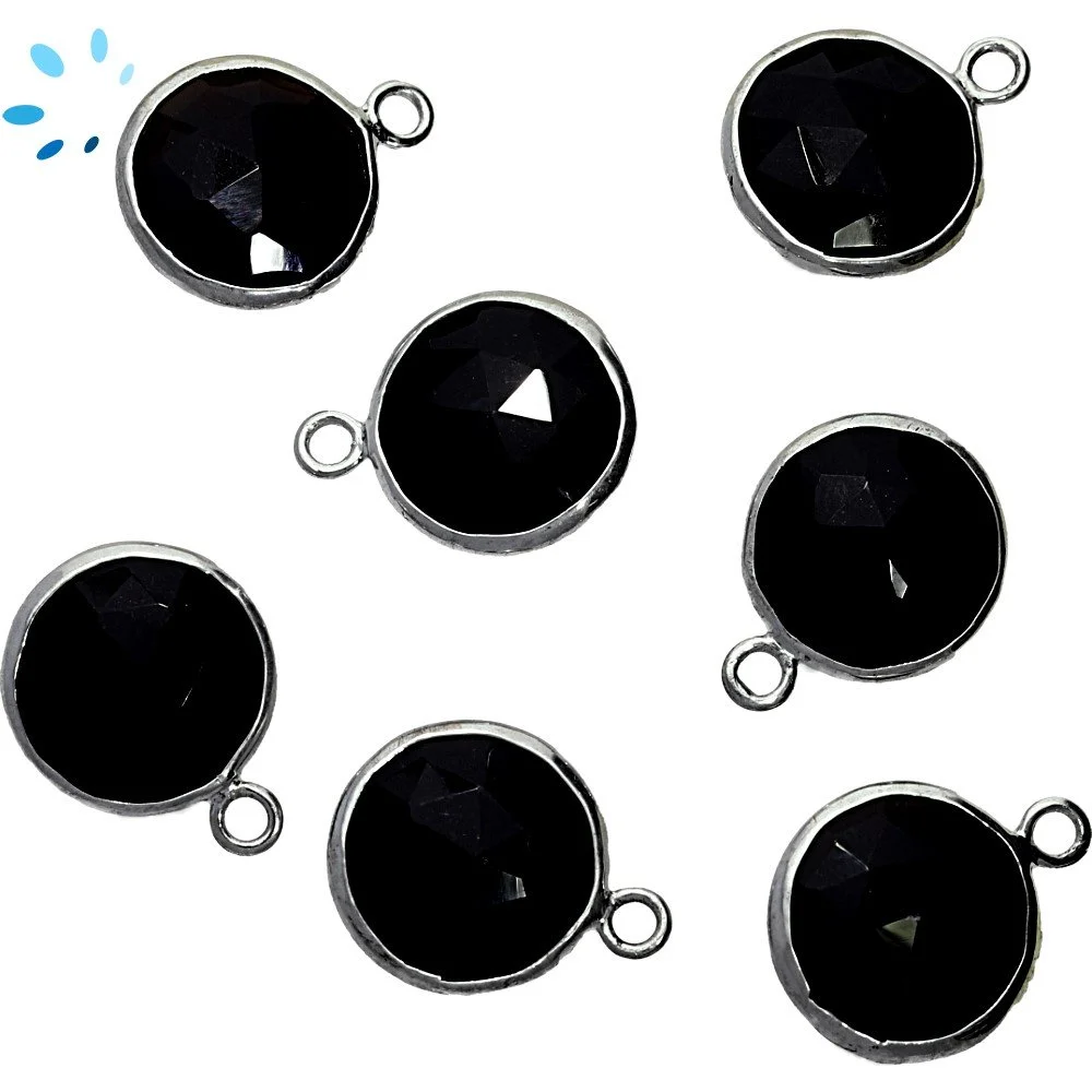 Black Onyx Coin Bezel Charm Pendant 12mm - Platinum Plated Sterling Silver - Set of 4