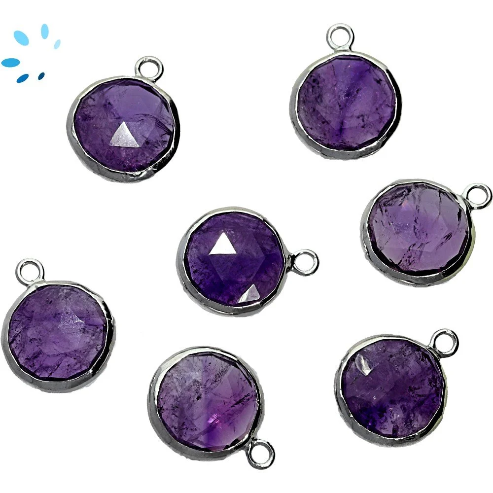Amethyst Coin Bezel Pendant Charm 12mm - Platinum Plated Sterling Silver - Set of 4