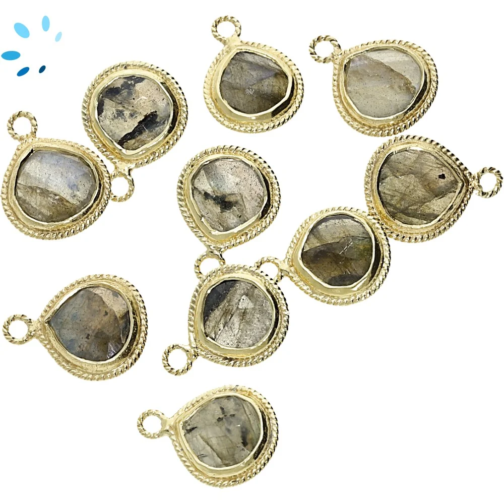 Labradorite Heart Twisted Wire Bezel Pendant Charm 10mm - 18k Gold Plated Sterling Silver - Set of 4