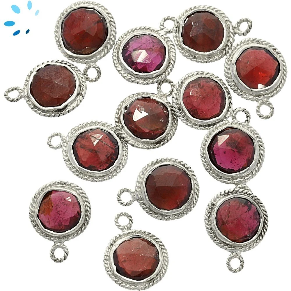 Garnet Coin Twisted Wire Bezel Pendant Charm 10mm - Platinum Plated Sterling Silver - Set of 4