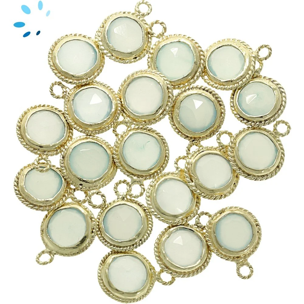 Aqua Chalcedony Coin Twisted Wire Bezel Charm Pendant 10mm - 18k Gold Plated Sterling Silver - Set of 4