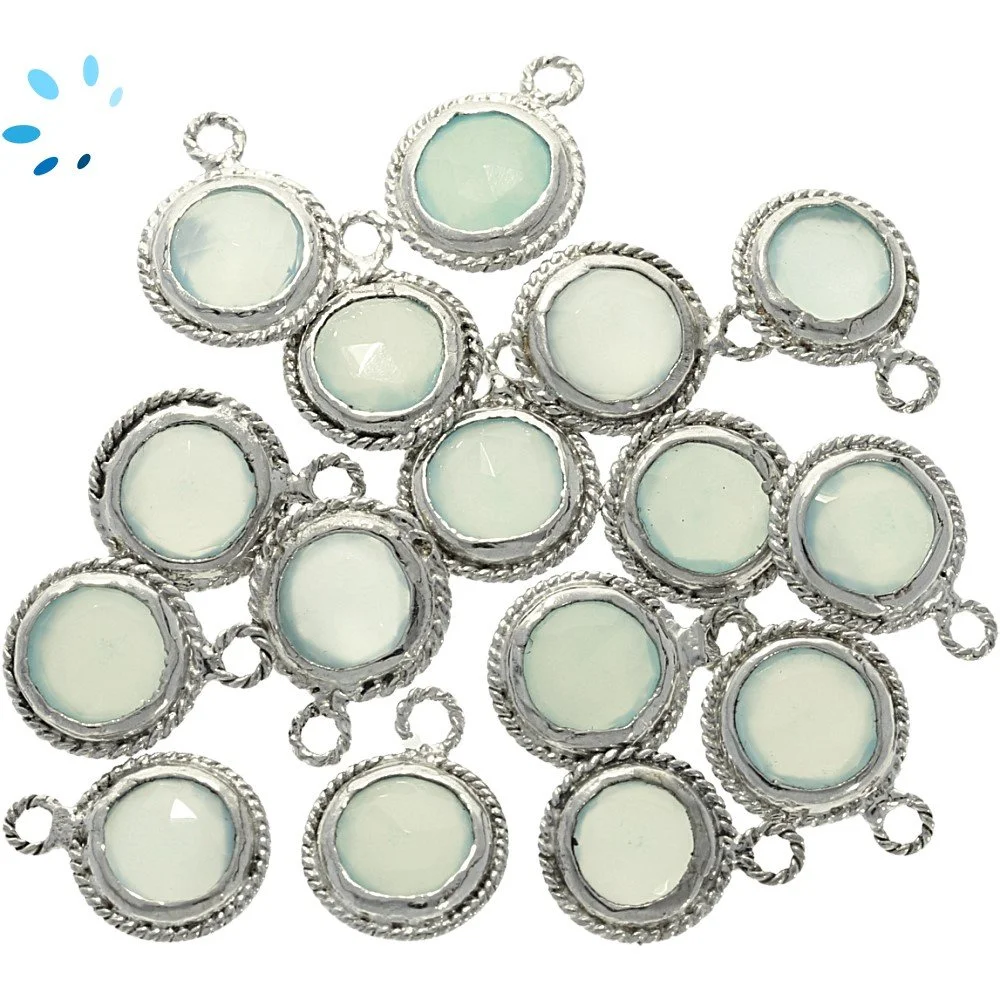 Aqua Chalcedony Coin Twisted Wire Bezel Pendant Charm 10mm - Platinum Plated Sterling Silver - Set of 4