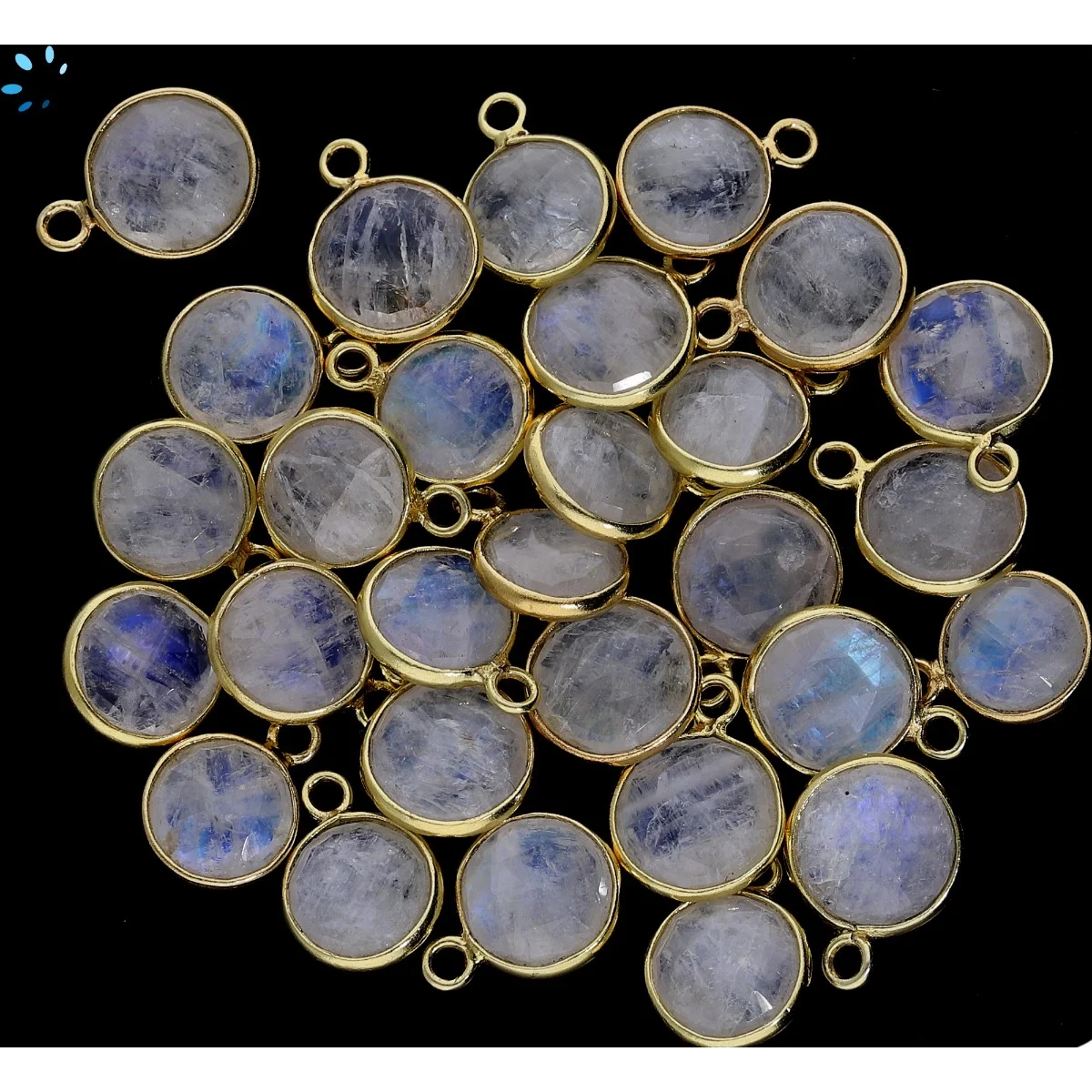 Rainbow Moonstone Coin Bezel Pendant Charm 8mm - 18k Gold Plated Sterling Silver - Set of 4