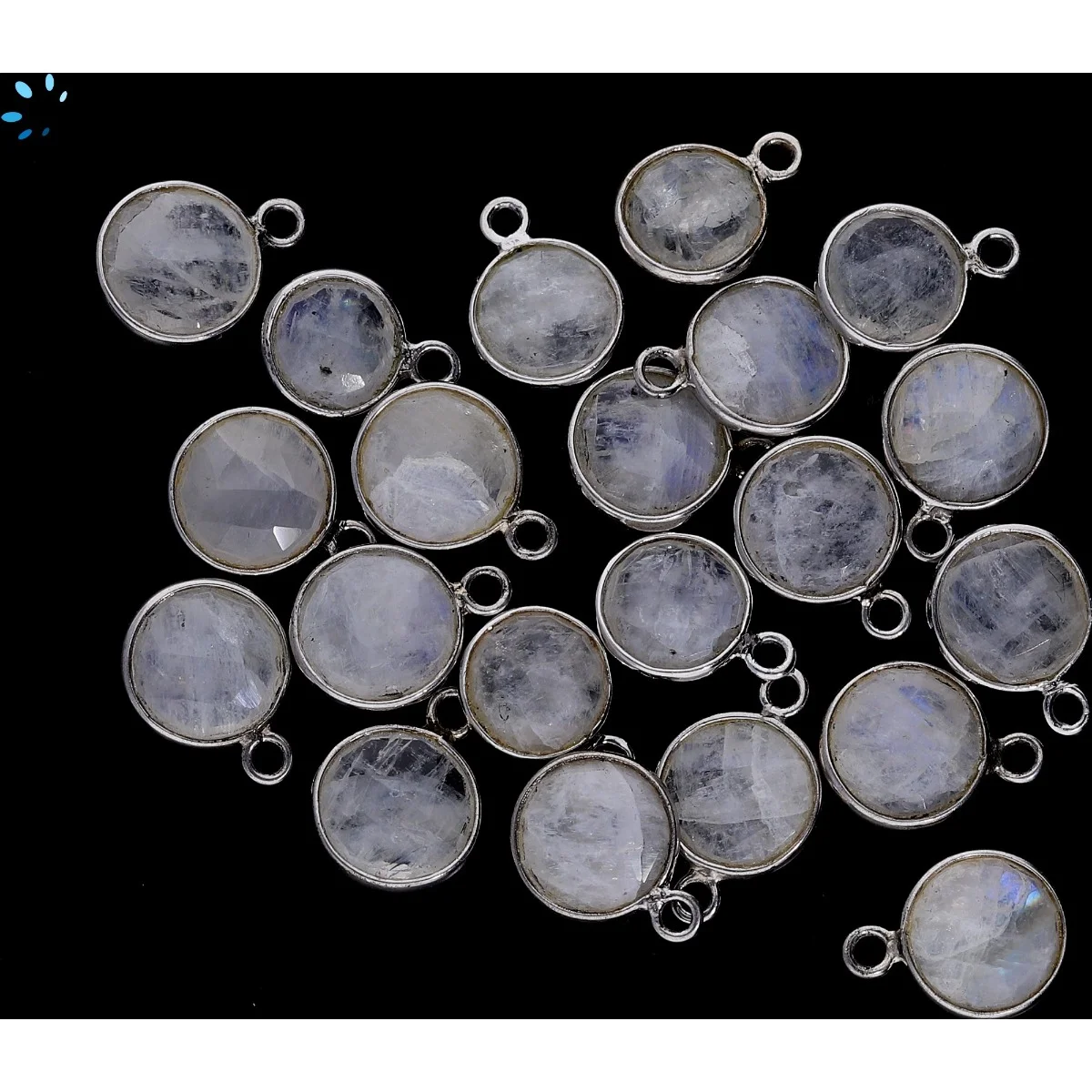 Rainbow Moonstone Coin Bezel Charm Pendant 8mm - Silver Plated Sterling Silver - Set of 4