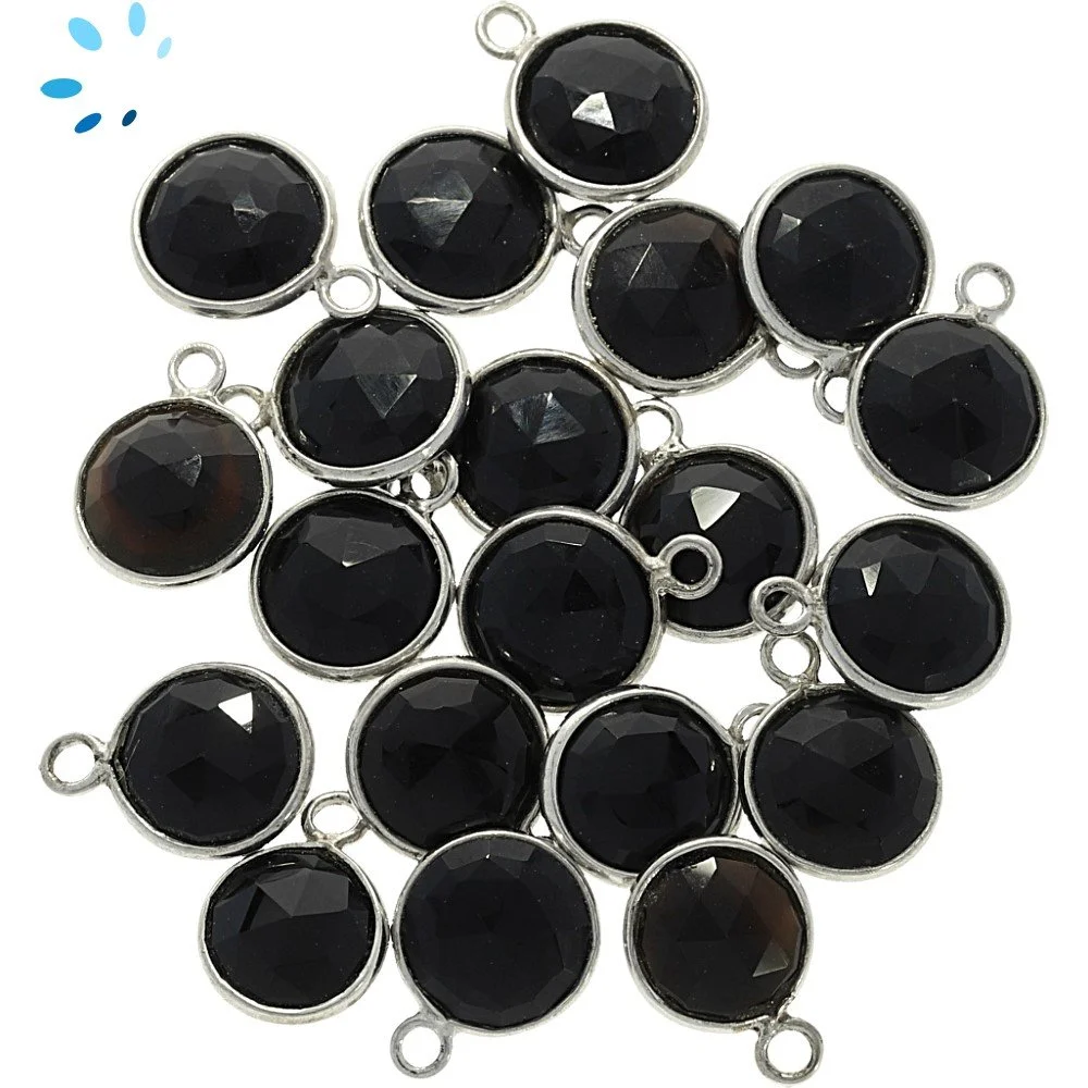 Black Onyx Coin Bezel Pendant Charm 8mm - Silver Plated Sterling Silver - Set of 4