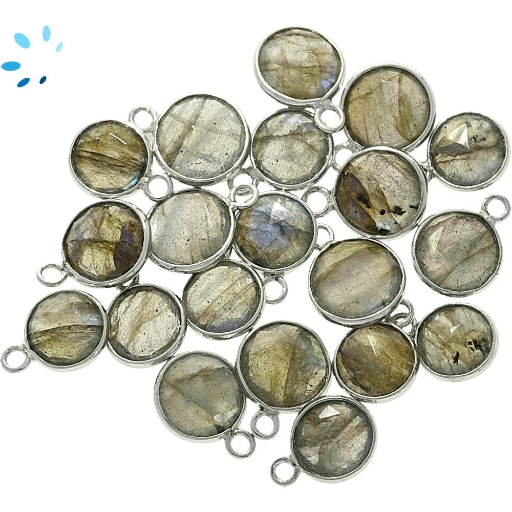 Labradorite Coin Bezel Charm Pendant 8mm - Platinum Plated Sterling Silver - Set of 4