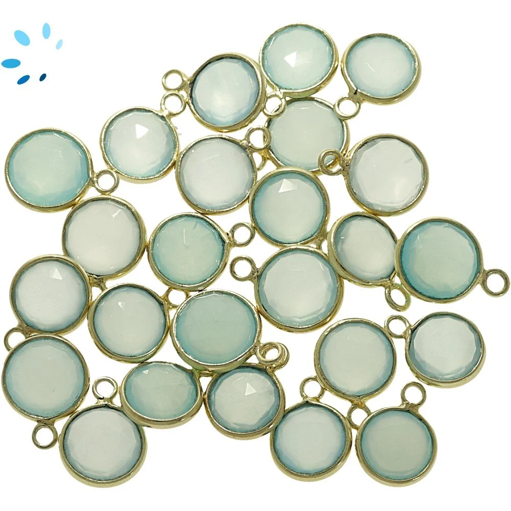 Aqua Chalcedony Coin Bezel Pendant Charm 8mm - 18k Gold Plated Sterling Silver - Set of 4