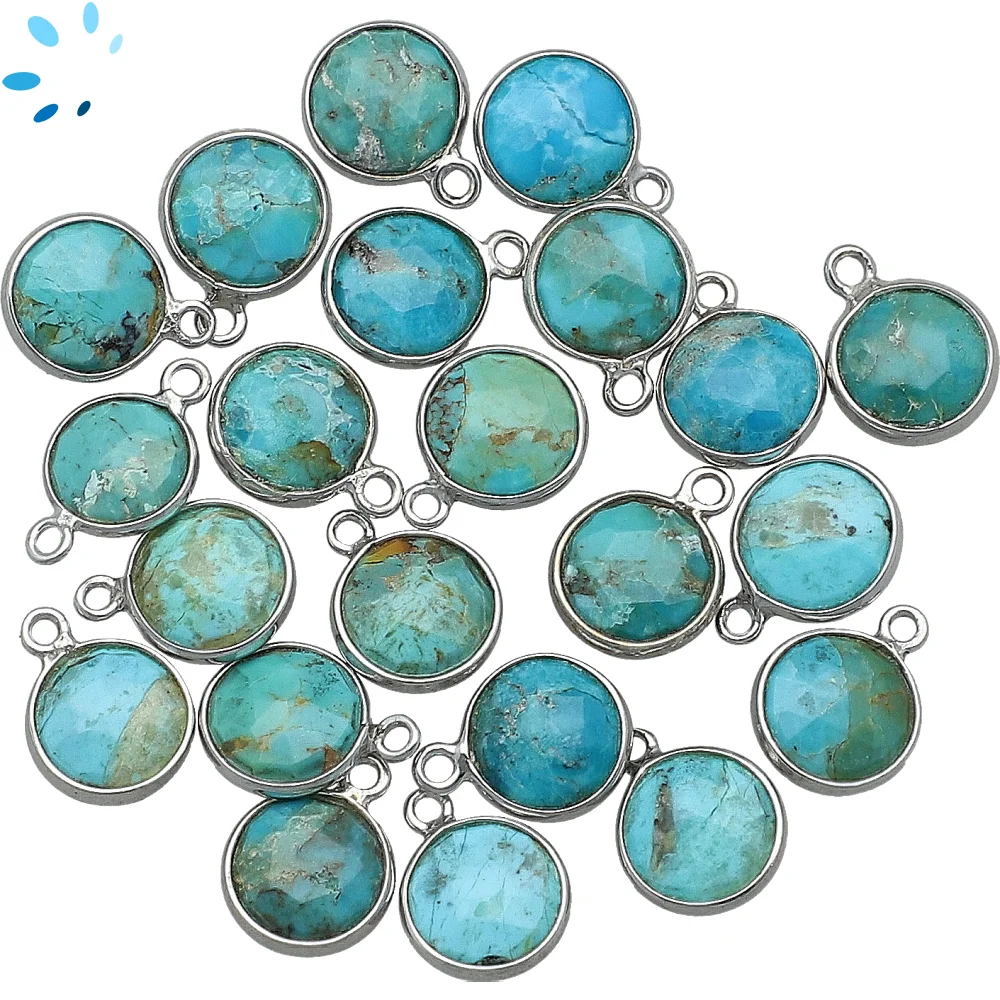Turquoise Coin Bezel Charm Pendant 8mm - Platinum Plated Sterling Silver - Set of 4