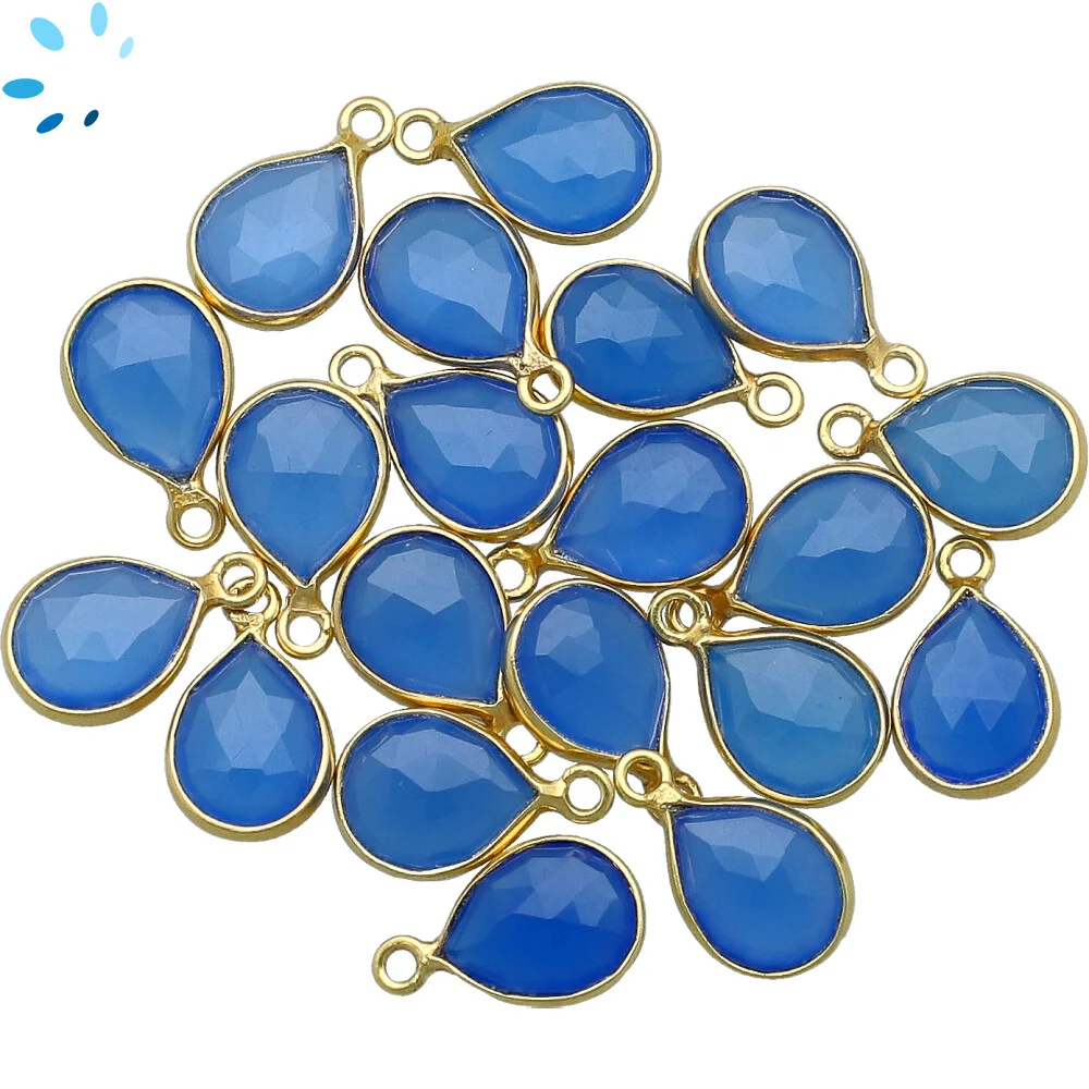 Blue Chalcedony Pear Bezel Pendant Charm 9x7mm - 18k Gold Plated Sterling Silver - Set of 4