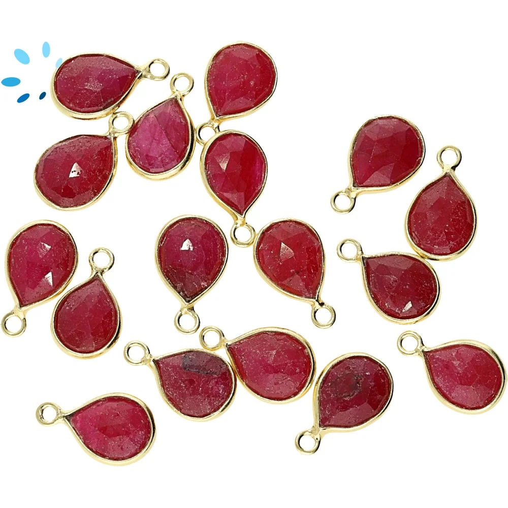 Ruby Dyed Corundum Pear Bezel Charm Pendant 9x7mm - 18k Gold Plated Sterling Silver - Set of 4