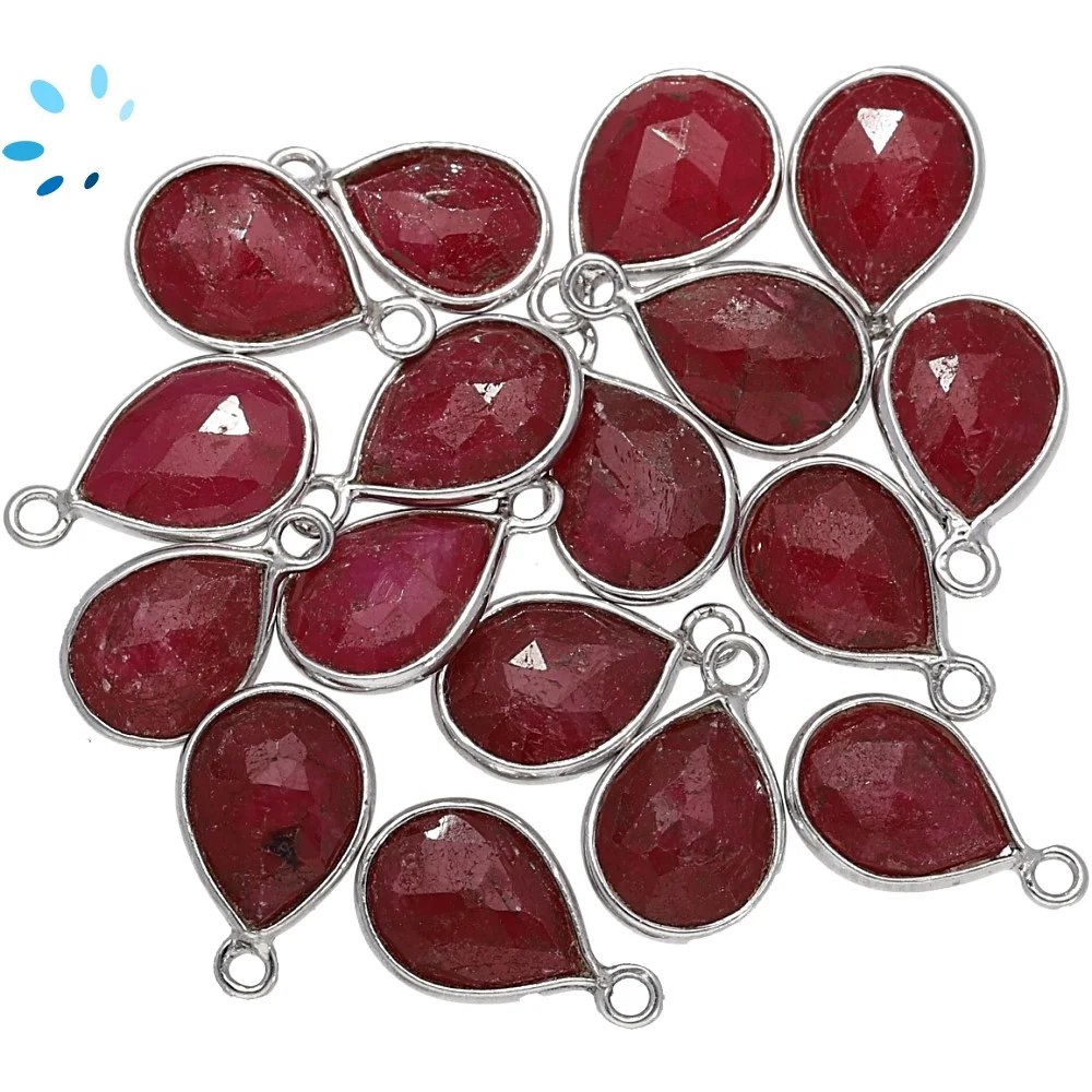 Ruby Dyed Corundum Pear Bezel Pendant Charm 9x7mm - Platinum Plated Sterling Silver - Set of 4