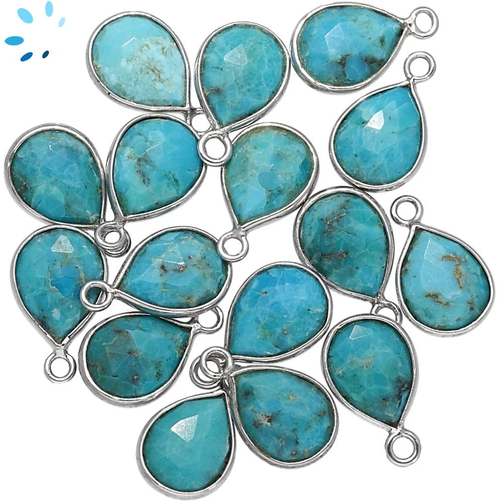 Turquoise Pear Bezel Pendant Charm 9x7mm - Platinum Plated Sterling Silver - Set of 4