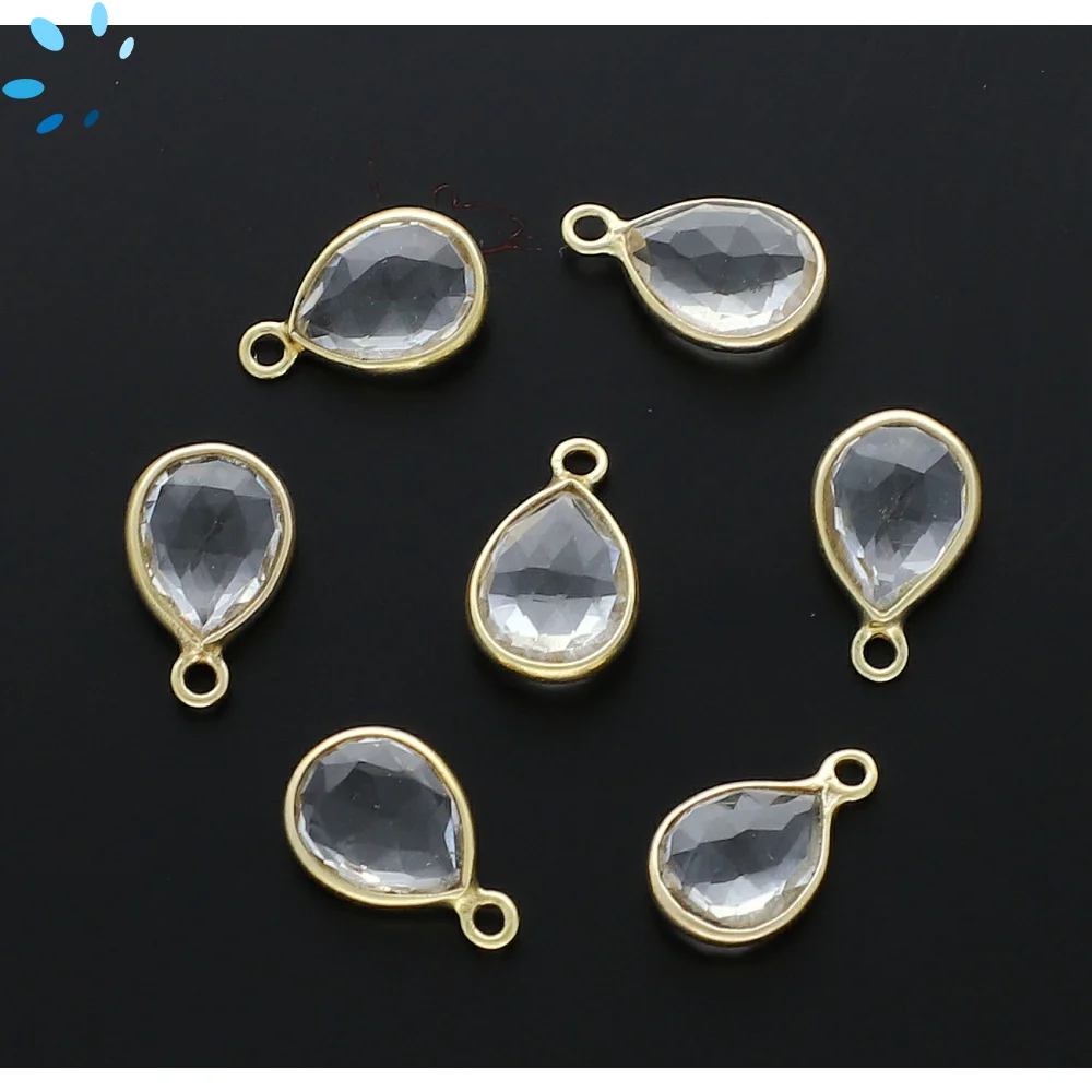 Crystal Quartz Pear Bezel Charm Pendant 9x7mm - 18k Gold Plated Sterling Silver - Set of 4