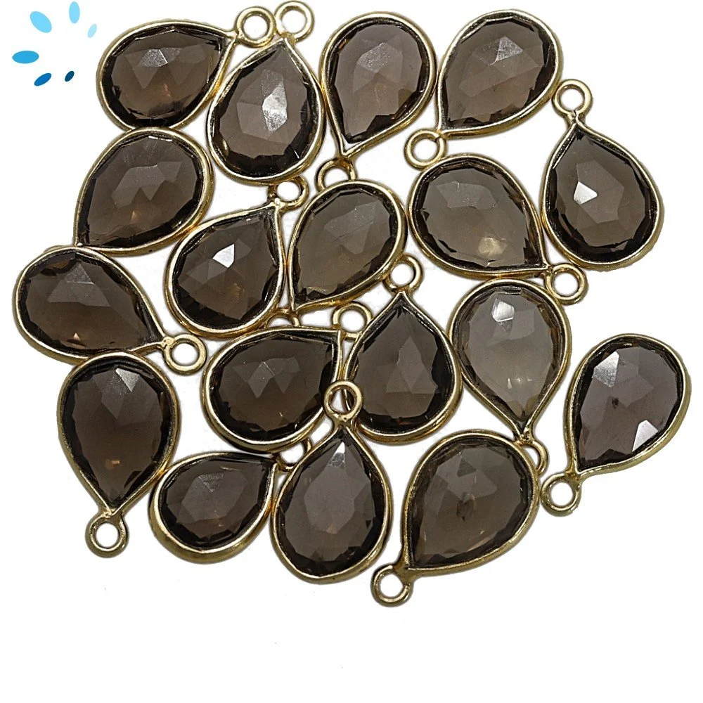 Smoky Quartz Pear Bezel Charm Pendant 9x7mm - 18k Gold Plated Sterling Silver - Set of 4