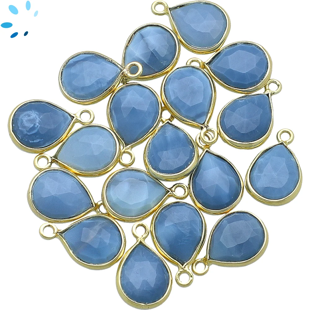 Blue Opal Pear Bezel Charm Pendant 9x7mm - 18k Gold Plated Sterling Silver - Set of 4