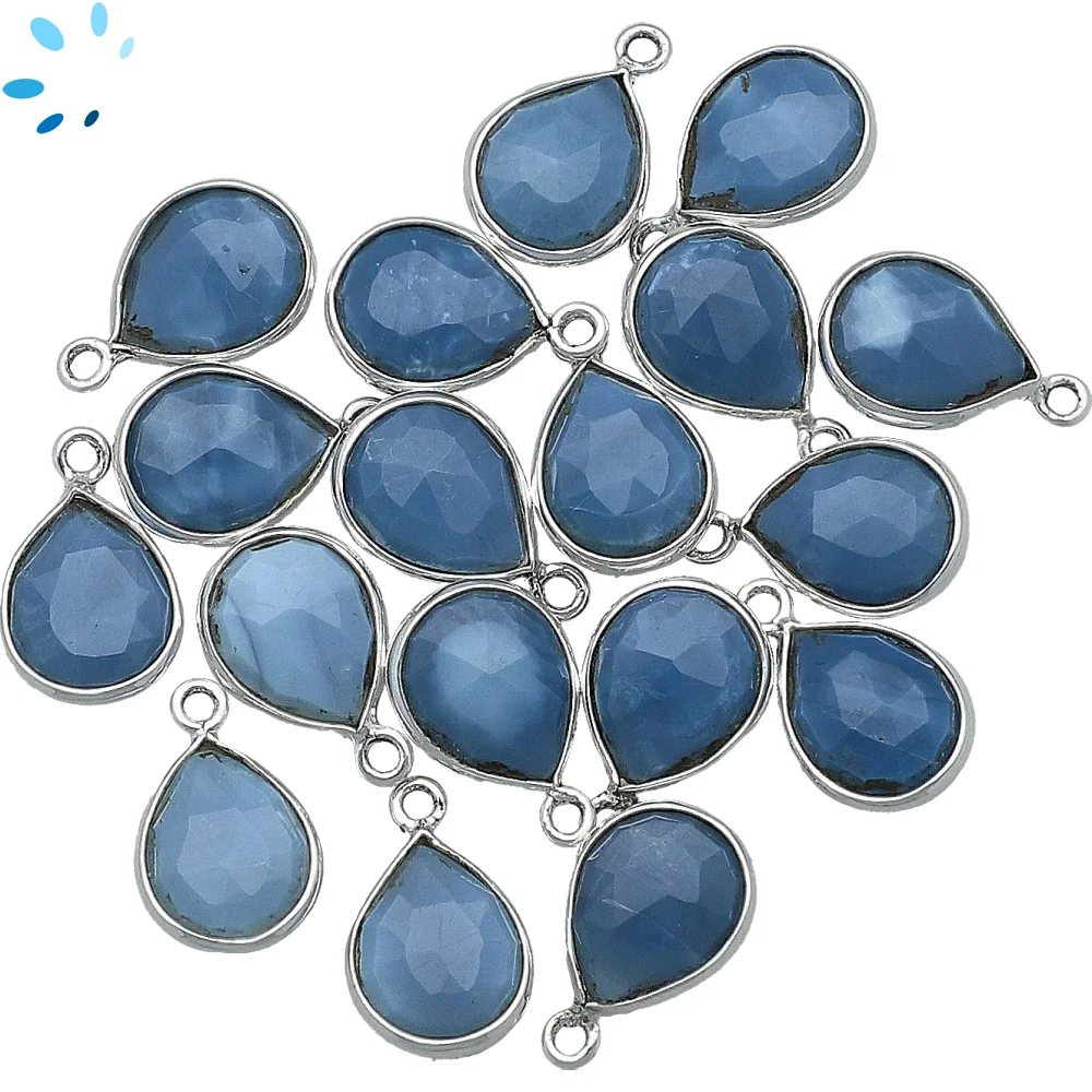 Blue Opal Pear Bezel Pendant Charm 9x7mm - Platinum Plated Sterling Silver - Set of 4