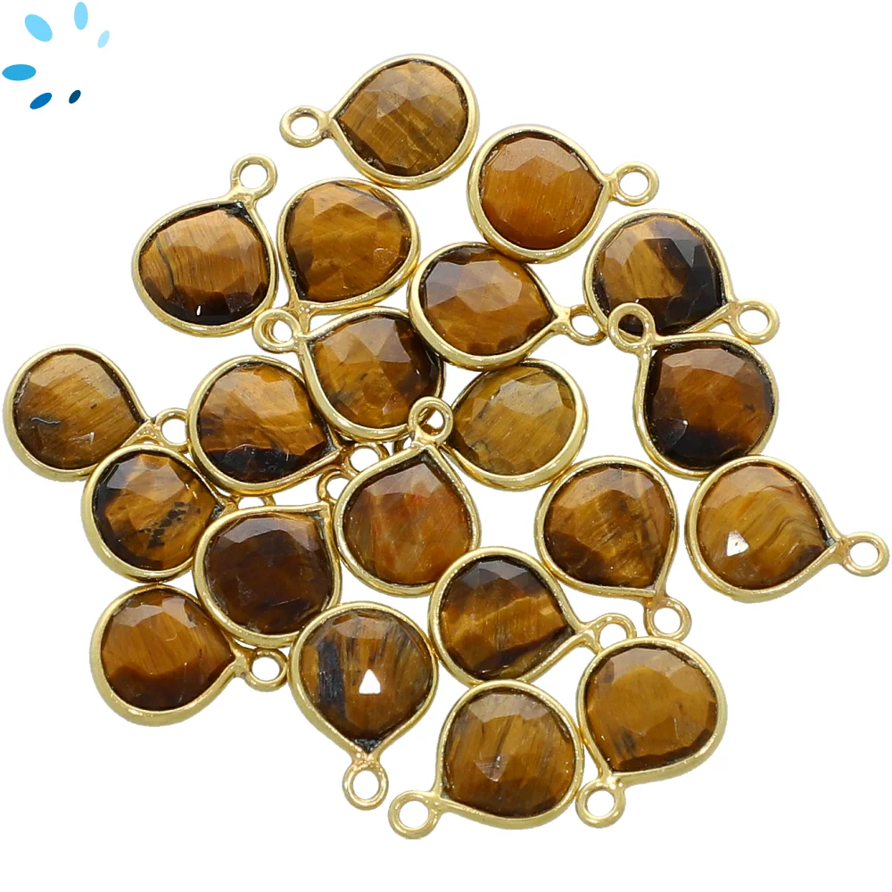 Tiger Eye Heart Bezel Pendant Charm 9mm - 18k Gold Plated Sterling Silver - Set of 4