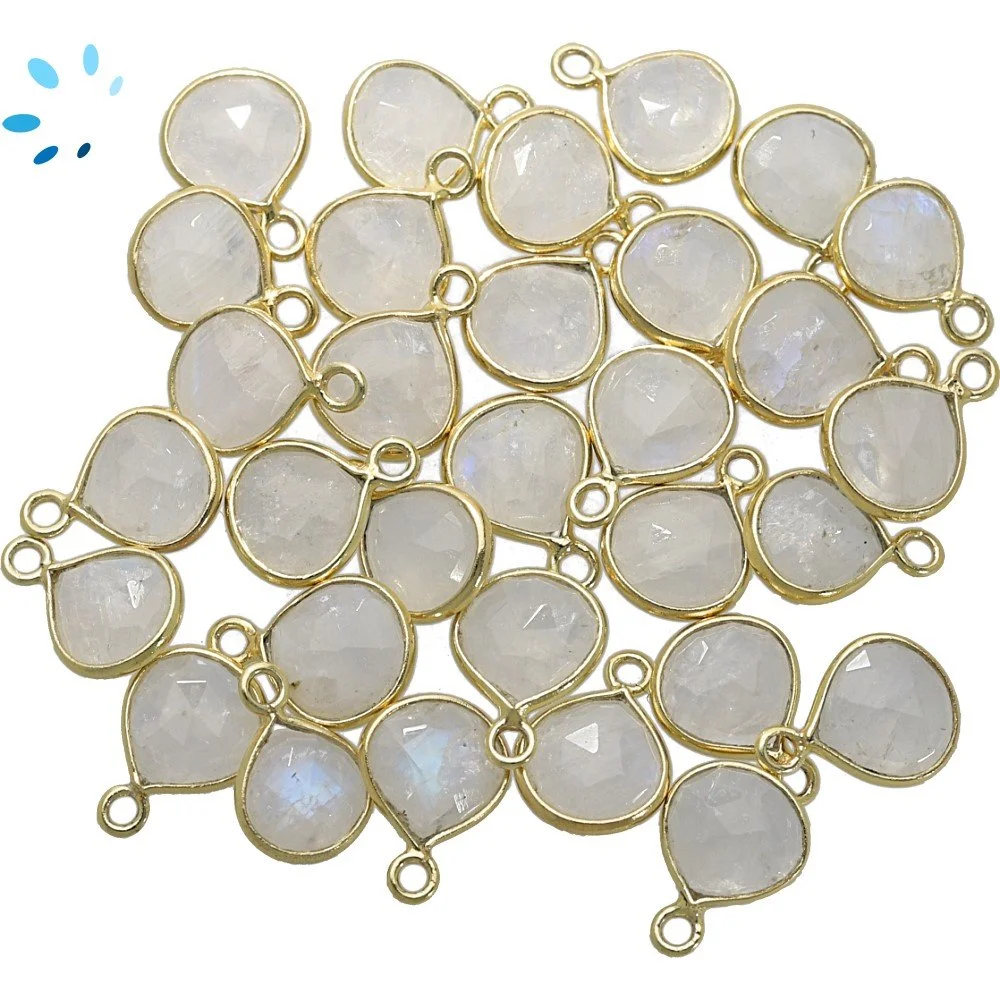 Rainbow Moonstone Heart Bezel Charm Pendant 9mm - 18k Gold Plated Sterling Silver - Set of 4