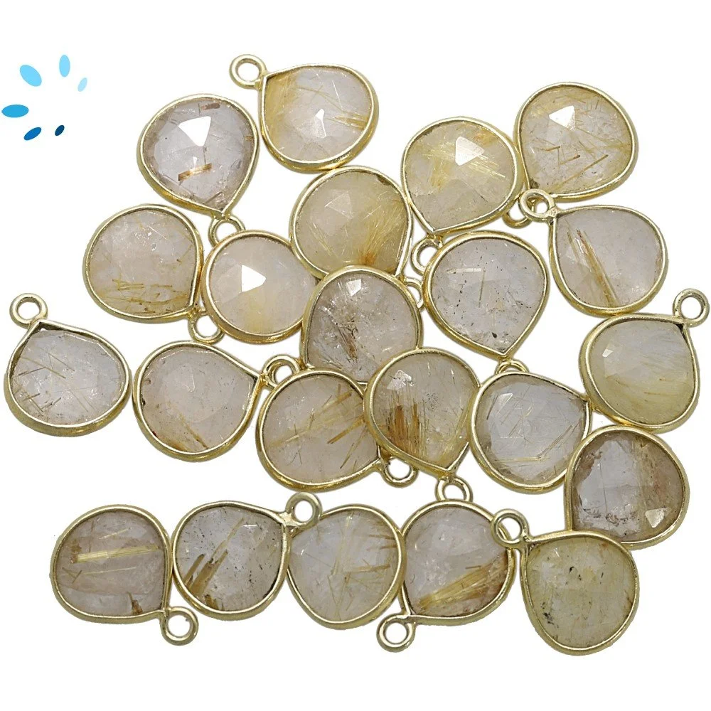 Rutilated Quartz Heart Bezel Pendant Charm 9mm - 18k Gold Plated Sterling Silver - Set of 4