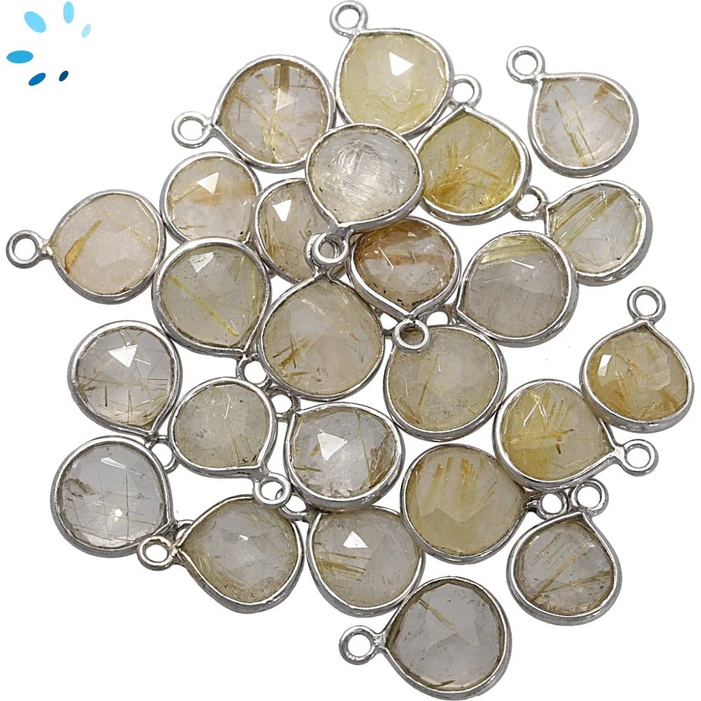 Rutilated Quartz Heart Bezel Charm Pendant 8mm - Platinum Plated Sterling Silver - Set of 4