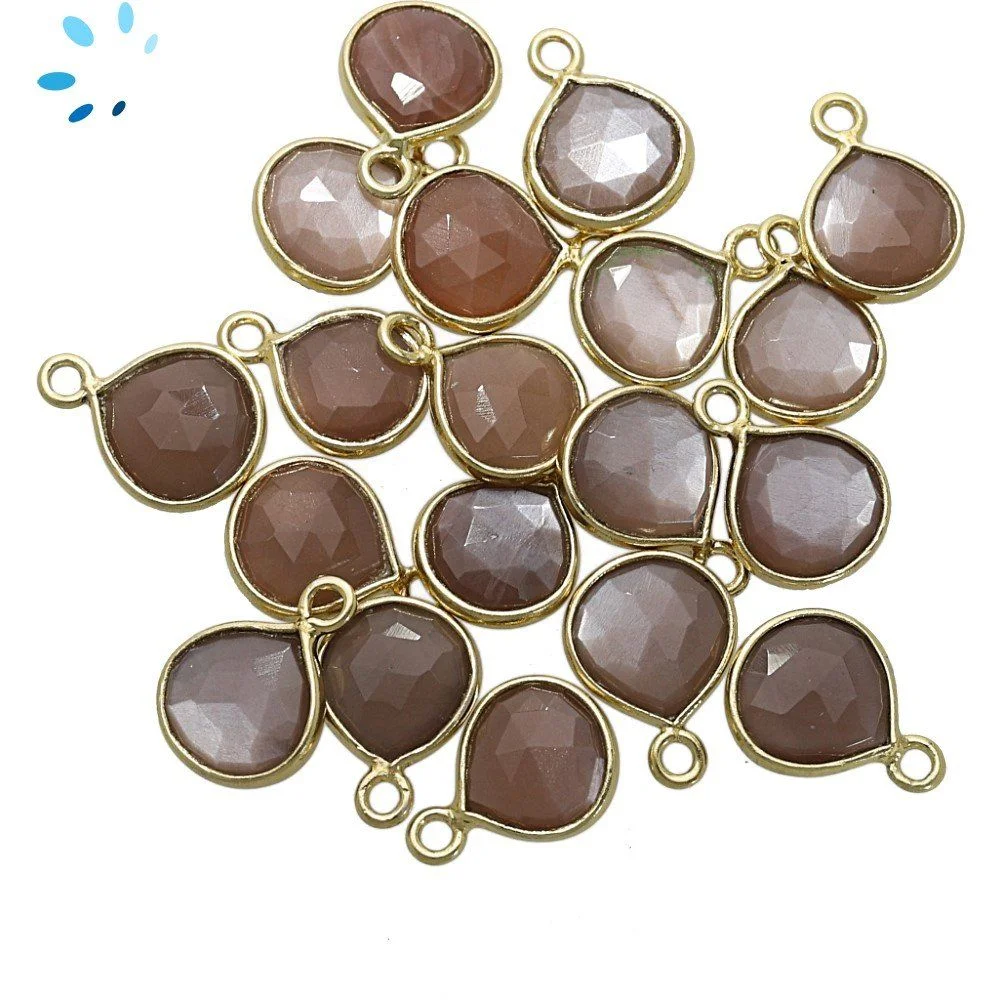 Chocolate Moonstone Heart Bezel Pendant Charm 8mm - 18k Gold Plated Sterling Silver - Set of 4