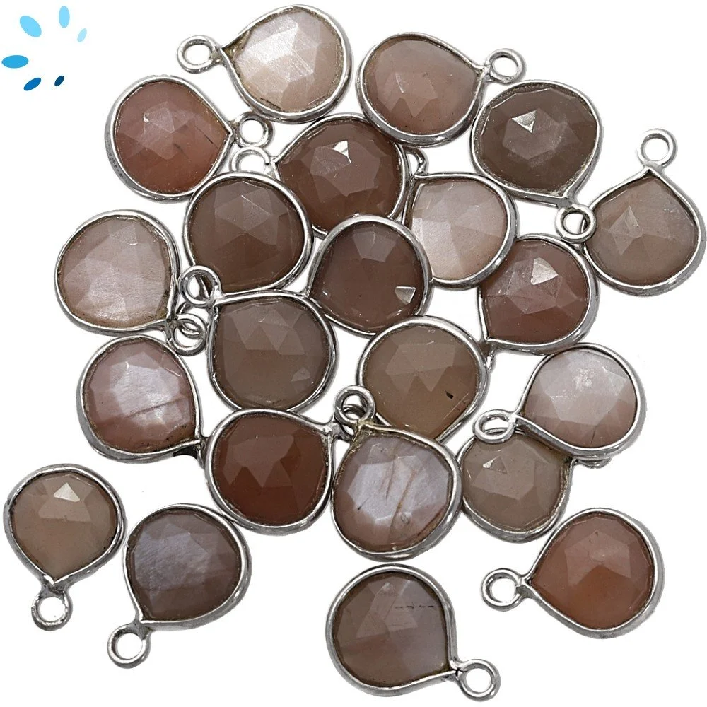 Chocolate Moonstone Heart Bezel Charm Pendant 8mm - Platinum Plated Sterling Silver - Set of 4