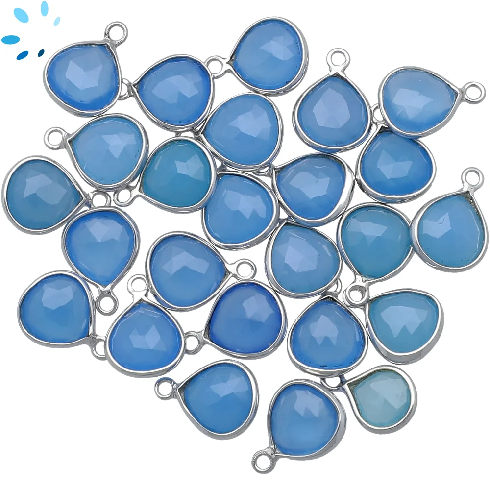 Blue Chalcedony Heart Bezel Charm Pendant 8mm - Platinum Plated Sterling Silver - Set of 4