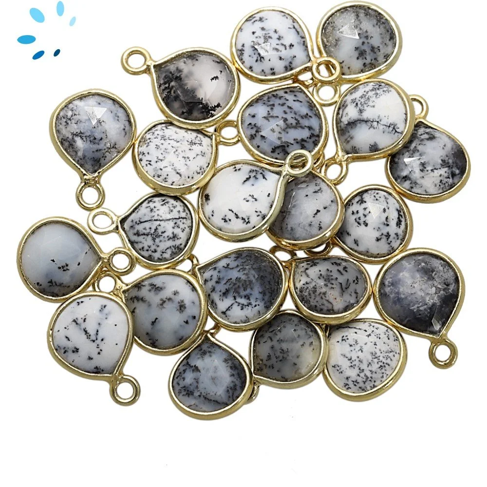 Dendrite Opal Heart Bezel Pendant Charm 8mm - 18k Gold Plated Sterling Silver - Set of 4