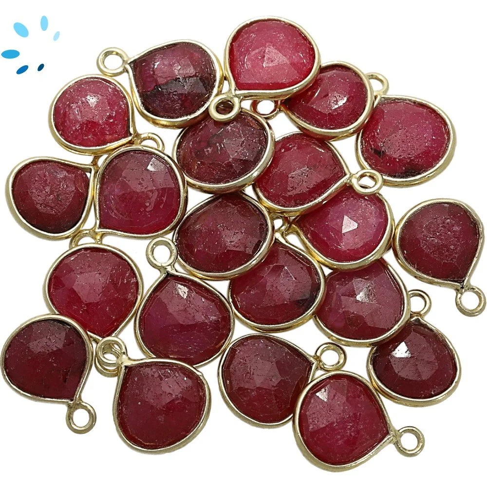 Ruby Dyed Corundum Heart Bezel Pendant Charm 8mm - 18k Gold Plated Sterling Silver - Set of 4
