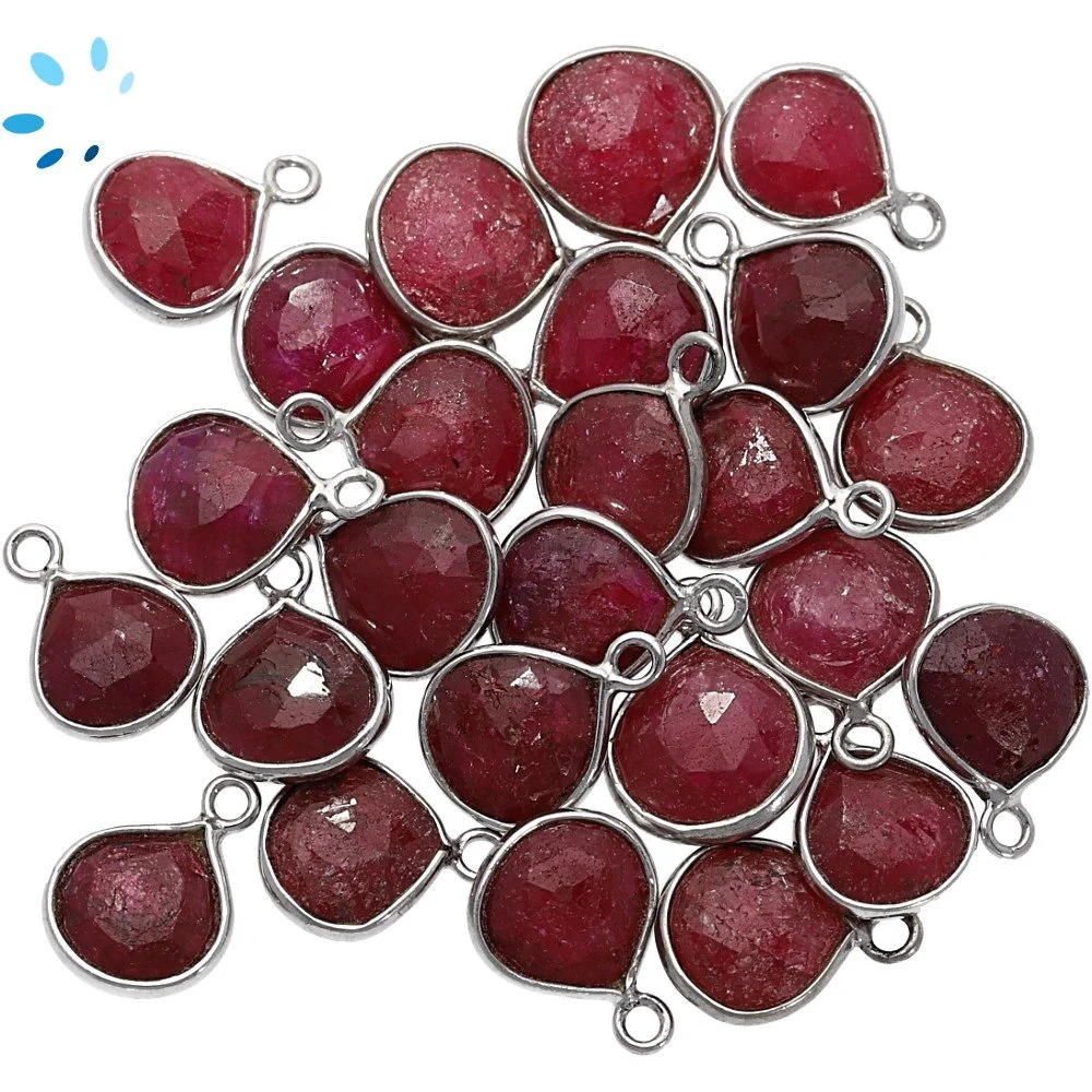 Ruby Dyed Corundum Heart Bezel Charm Pendant 8mm - Platinum Plated Sterling Silver - Set of 4