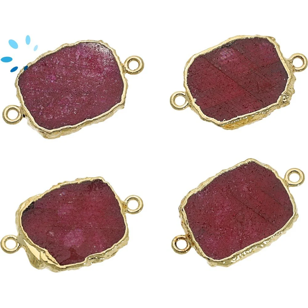 Ruby Dyed Corundum Slice Connector 16x13 - 18x14mm 18k Gold Electroplated - Set of 4