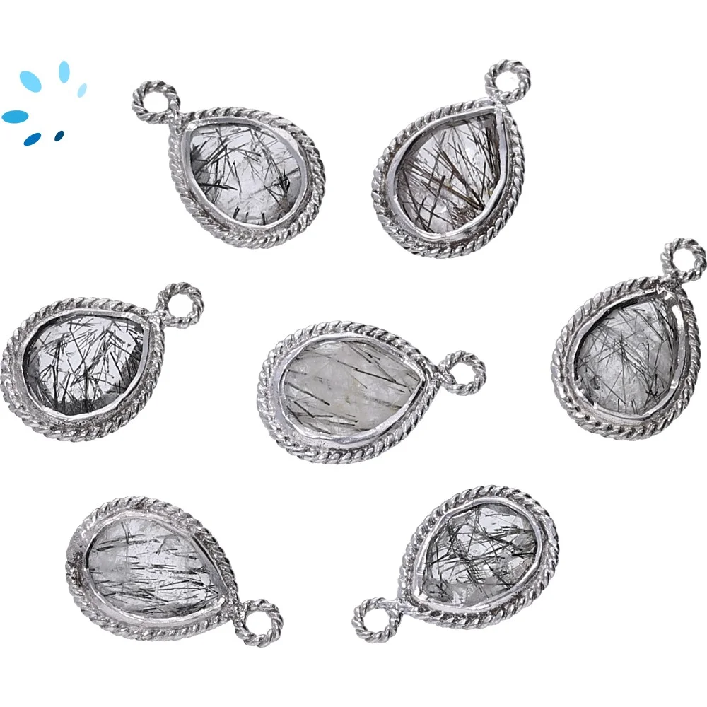 Tourmaline Quartz Pear Twisted Wire Bezel Charm Pendant 10x8 - 12x9mm - Platinum Plated Sterling Silver - Set of 4