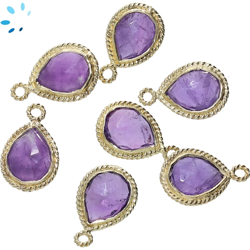 Amethyst Pear Twisted Wire Bezel Pendant Charm 10x8 - 12x9mm - 18k Gold Plated Sterling Silver - Set of 4