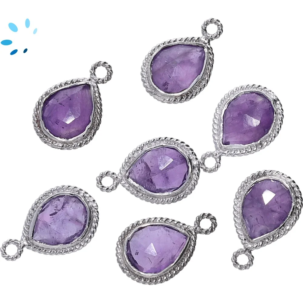 Amethyst Pear Twisted Wire Bezel Charm Pendant 10x8 - 12x9mm - Platinum Plated Sterling Silver - Set of 4