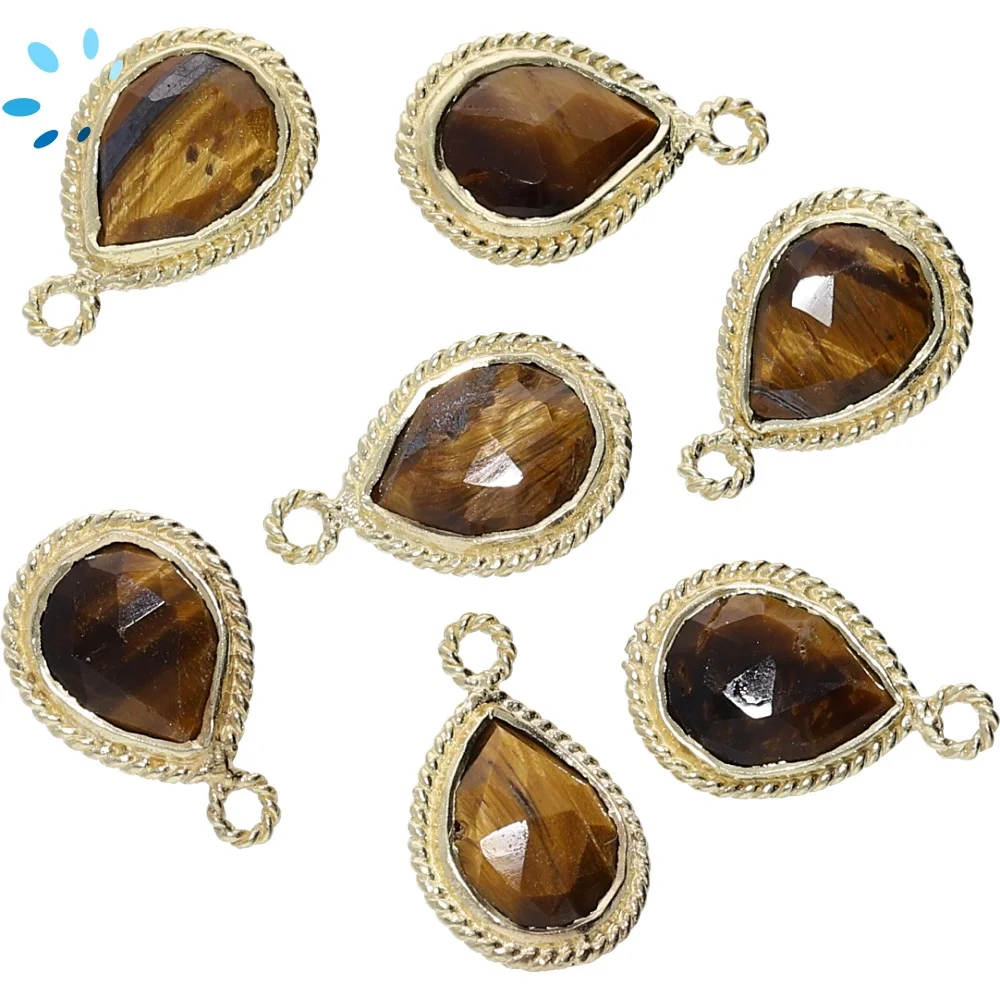 Tiger Eye Pear Twisted Wire Bezel Pendant Charm 10x8 - 12x9mm - 18k Gold Plated Sterling Silver - Set of 4