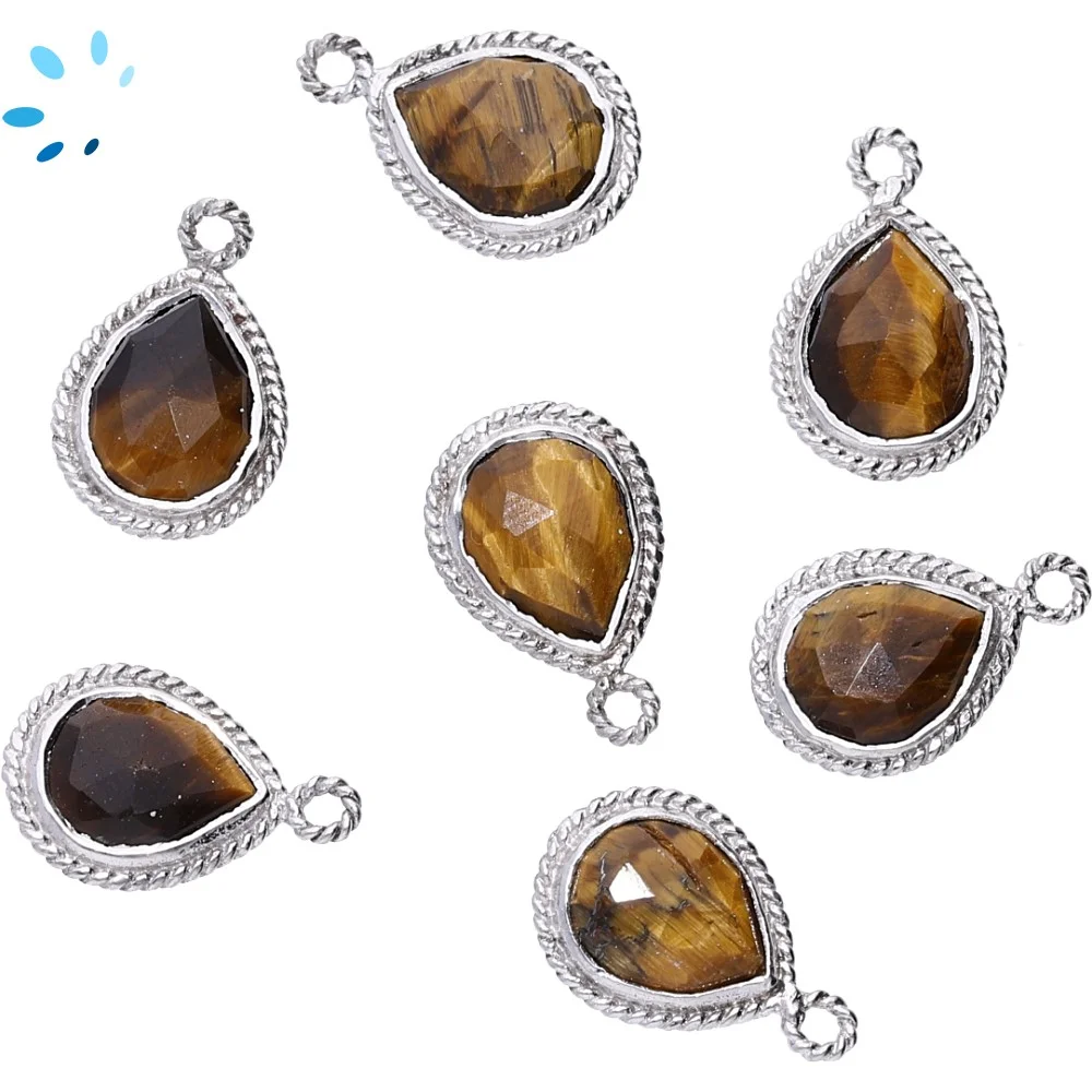 Tiger Eye Pear Twisted Wire Bezel Charm Pendant 10x8 - 12x9mm - Platinum Plated Sterling Silver - Set of 4